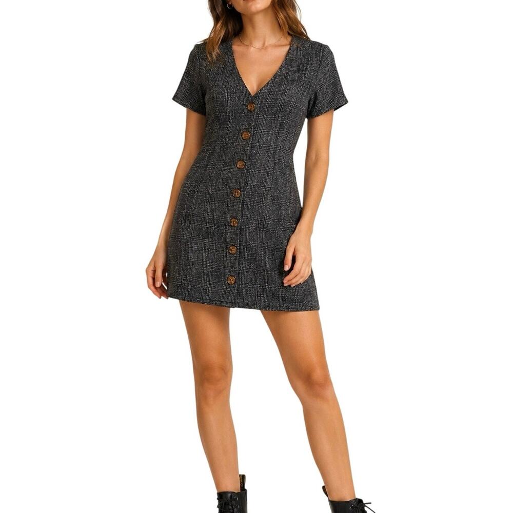 Thrills Denim Plaid Co Chrissy Mini V Neck Dress Womens Small Button Office Chic